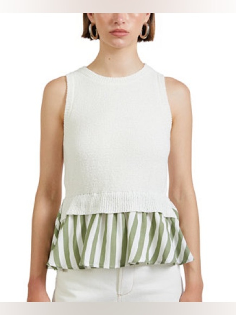 En Saison Cece Sleeveless Mixed Media Cream Knit Tank Top Stripe Peplum Hem XS